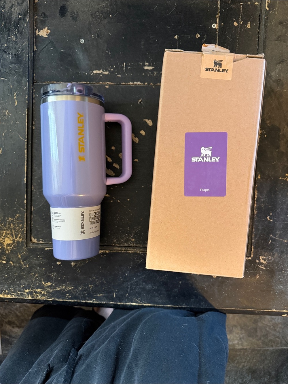 Stanley 40oz Purple Travel Mug with Yellow Logo and Handle